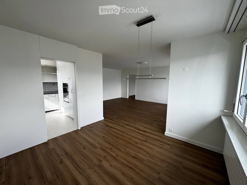 Empty room with wooden flooring, white walls, and a modern pendant light fixture. The room is connected to a small kitchen area with white cabinets and a tiled backsplash.