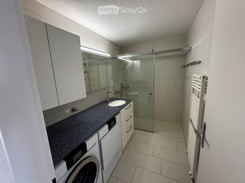 Modern bathroom with a sink, mirror, shower, radiator, and washing machine. The space features tiled walls and floor, with built-in cabinets and a sleek design.