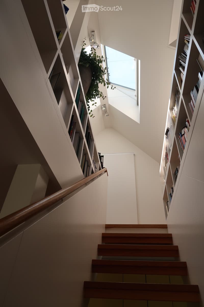 Staircase with wooden steps and handrail, white walls, built-in bookshelves, skylight window, and small plant.