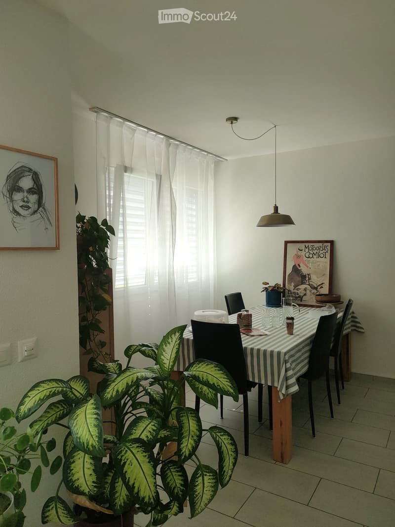 Dining area with a table, chairs, and a large leafy plant in the foreground. The table is set with cups and a striped tablecloth. There are framed pictures on the walls and a window with sheer curtains.