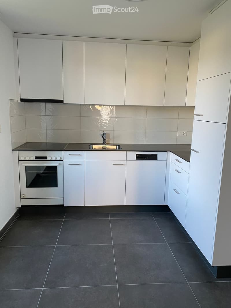 Modern kitchen with white cabinets, stainless steel appliances, dark tiled floor, and a black countertop.