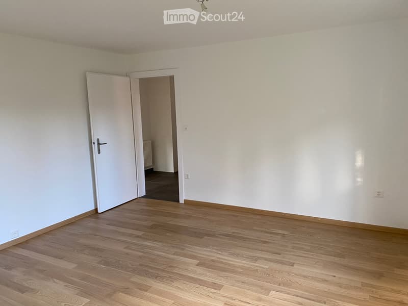 Empty room with light-colored walls and wooden flooring, featuring a white door leading to another room.