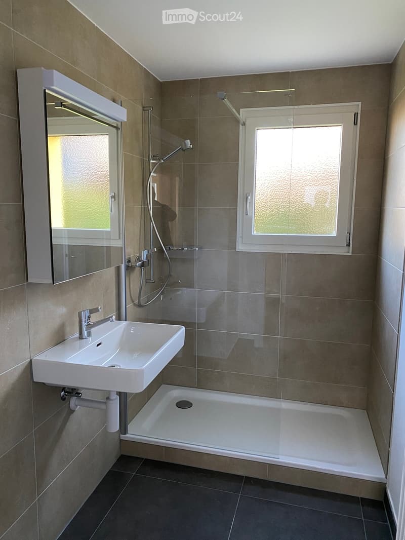 Modern bathroom with a white sink, chrome faucet, large mirror, glass-enclosed shower, and frosted window.