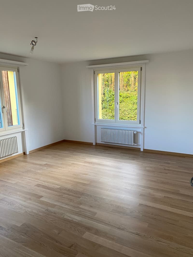 Empty room with light wooden flooring, white walls, and large windows with radiators beneath them.