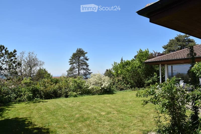 Well-maintained lawn surrounded by trees and shrubs, with a modern house partially visible on the right side.