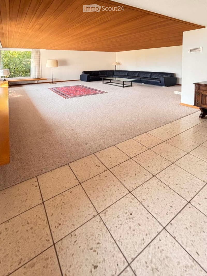 Spacious living room with a sectional sofa, coffee table, floor lamps, and a patterned rug. The room features a wooden ceiling and large windows with curtains.