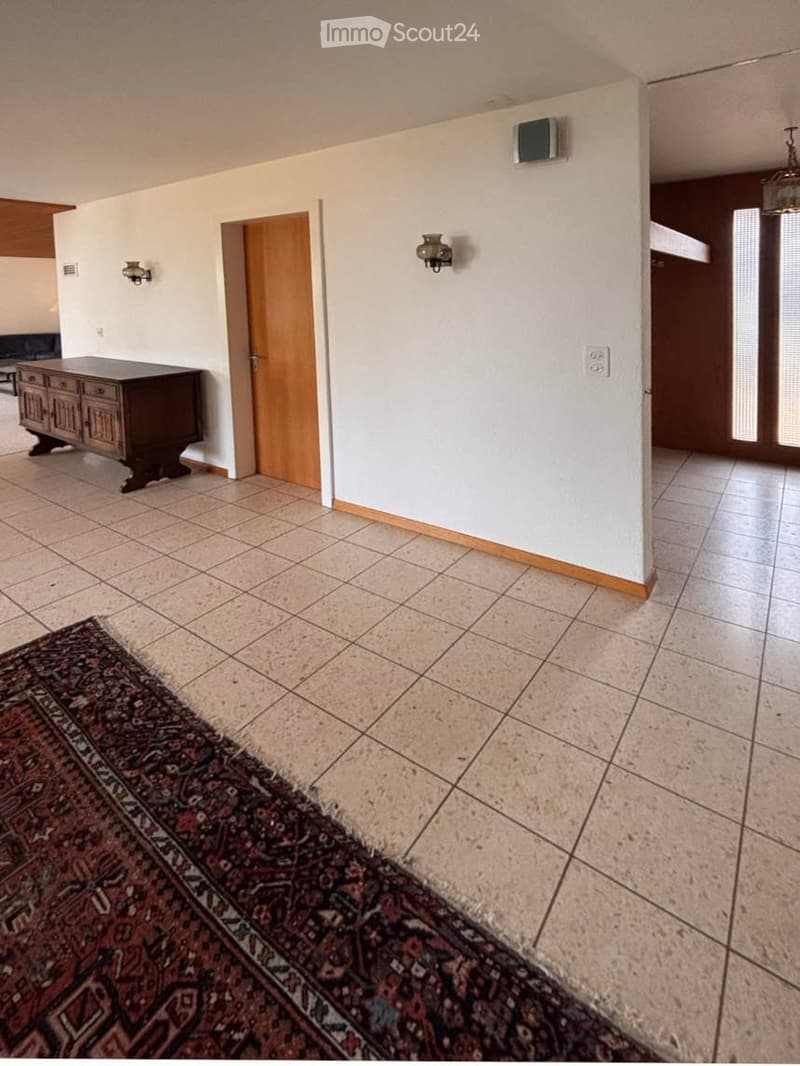 Hallway with tiled floor, white walls, wooden door, cabinet, and a patterned rug.
