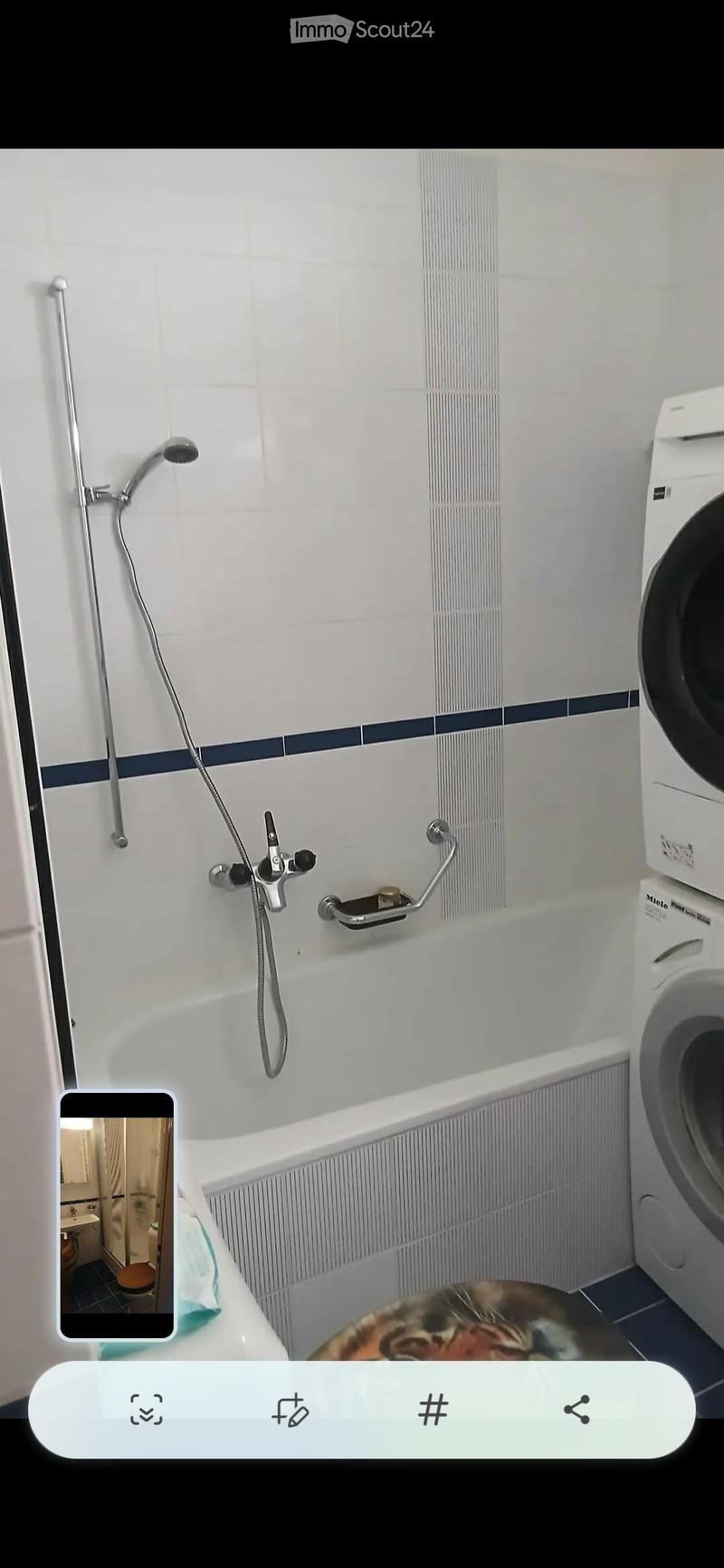 Bathtub with a handheld showerhead and a handrail, adjacent to a washing machine.