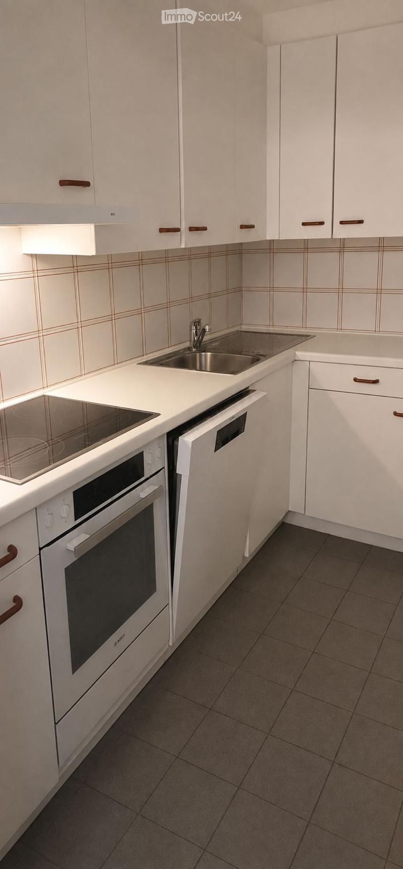Modern kitchen with white cabinets, stainless steel sink, oven, and dishwasher.