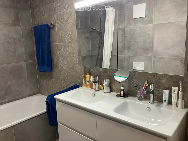 Modern bathroom with double sink, large mirror, bathtub, and various toiletries neatly arranged on the sink counter.