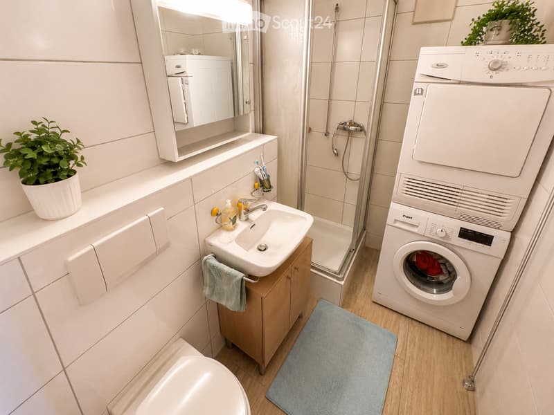 Modern bathroom with a white sink, mirror, toilet, shower, and a stacked washing machine and dryer. Includes a small potted plant on the windowsill and a towel hanging on a rack.