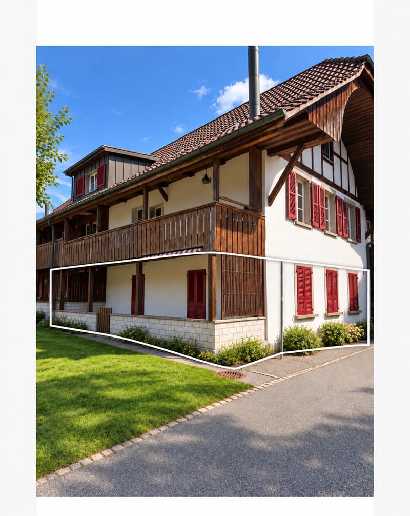 Two-story house with a tiled roof, wooden balcony, red shutters, and a well-maintained garden.