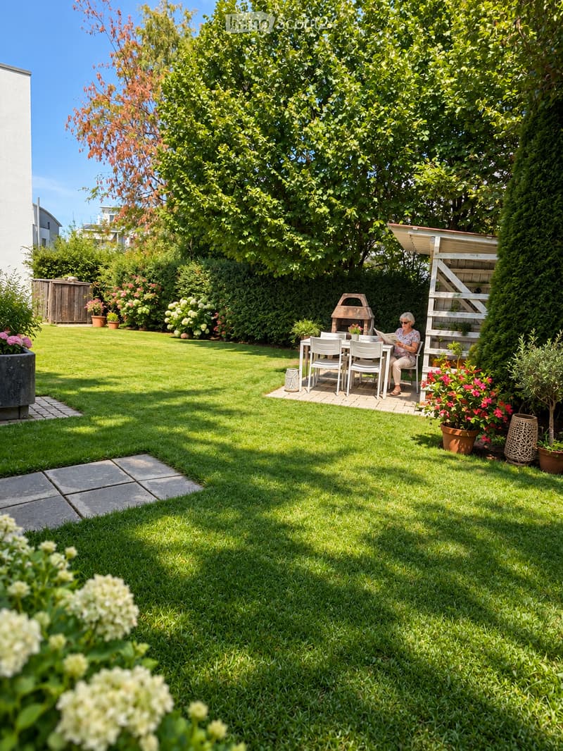 Well-maintained garden with a patio area, outdoor furniture, barbecue, and lush greenery.