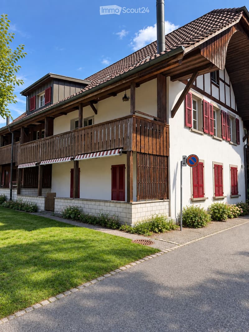 Two-story house with a tiled roof, white walls, red shutters, and a wooden balcony. The house features a well-maintained garden with green grass and flowering plants.