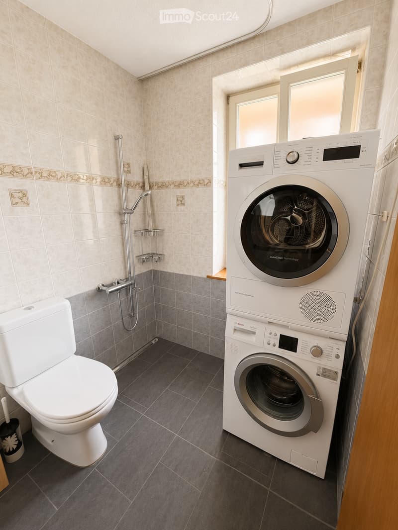 Modern bathroom with a toilet, washing machine, and a shower area with a shelf.