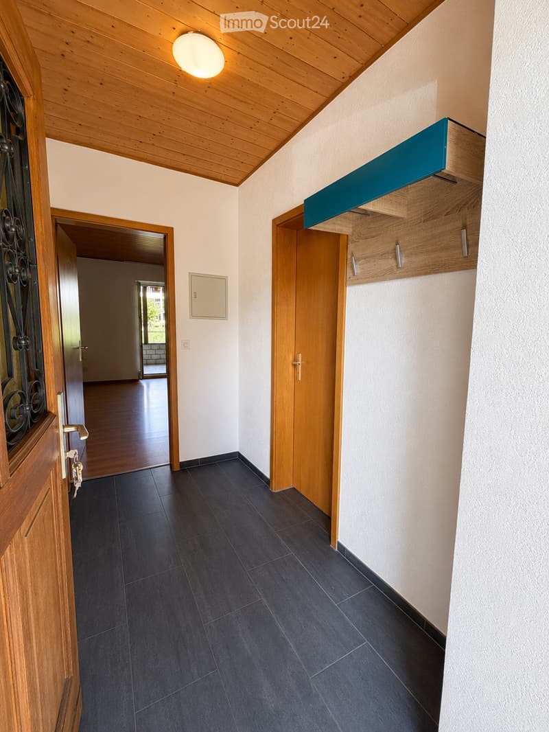 Clean hallway with dark tiled floor, light wooden ceiling, and white walls. Features wooden doors, a coat rack, and a small shelf.