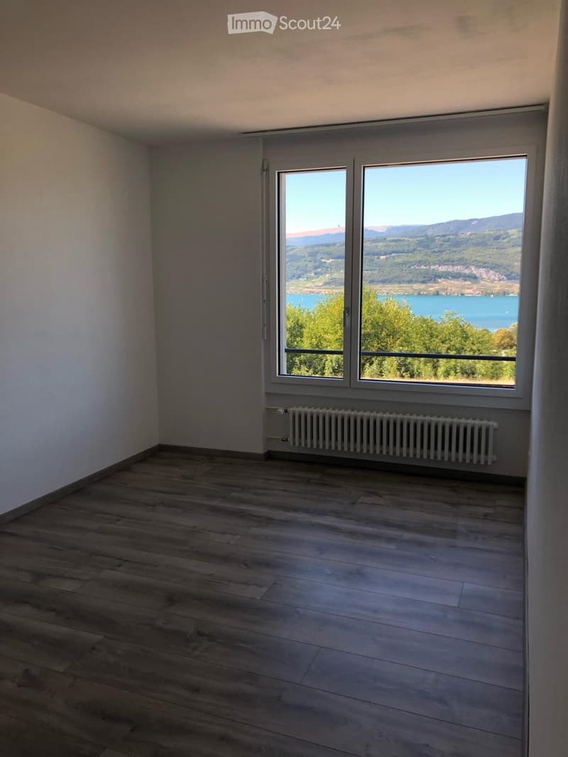 Empty room with wooden flooring, large windows offering a scenic view of a lake and mountains, and a radiator below the windows.
