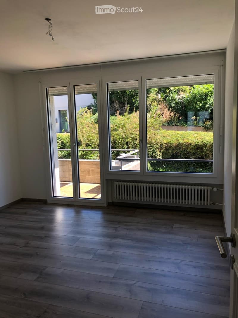 Empty room with wooden flooring, large sliding glass doors leading to a balcony, radiator, and modern ceiling light fixture.