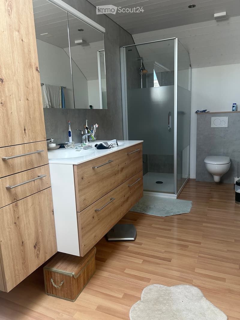 Modern bathroom with wooden flooring, a white sink with wooden cabinetry, a large mirror, a glass-enclosed shower, and a toilet. The sink area features a faucet, toothbrushes, and a small rug on the floor.