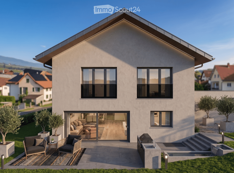 Modern single-family house with a flat roof, large windows, and a spacious patio area with outdoor seating and a swimming pool.