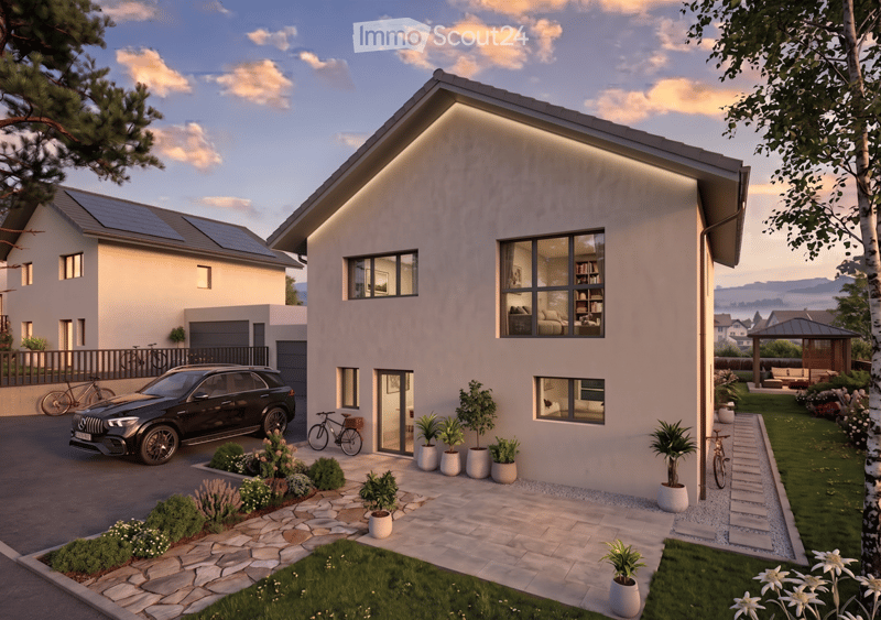 Modern two-story house with a sleek design, large windows, and a well-maintained garden. Features include a garage, parking space, and solar panels on the roof.