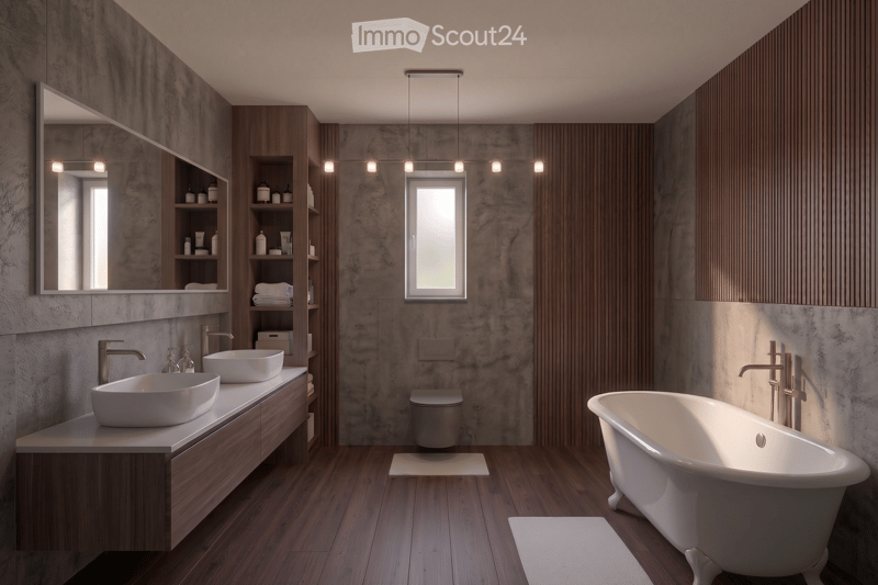 Modern bathroom with wooden flooring, a freestanding bathtub, double sink vanity, shelves, and a large mirror. The space features a contemporary design with a mix of wood and stone finishes.