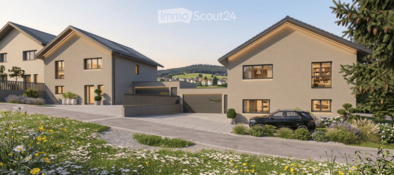 Modern two-story house with beige facade, large windows, garage, and landscaped garden with flowers and shrubs.