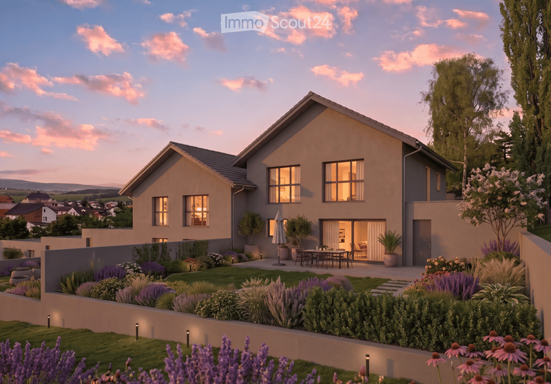 Modern two-story house with beige and grey exterior, large windows, well-maintained garden, patio with outdoor furniture, and surrounding greenery.