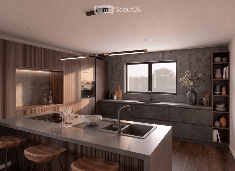Modern kitchen with a central island, built-in appliances, wooden stools, and a sleek design. Features include a sink, stove, and various decorative items on the counter and shelves.