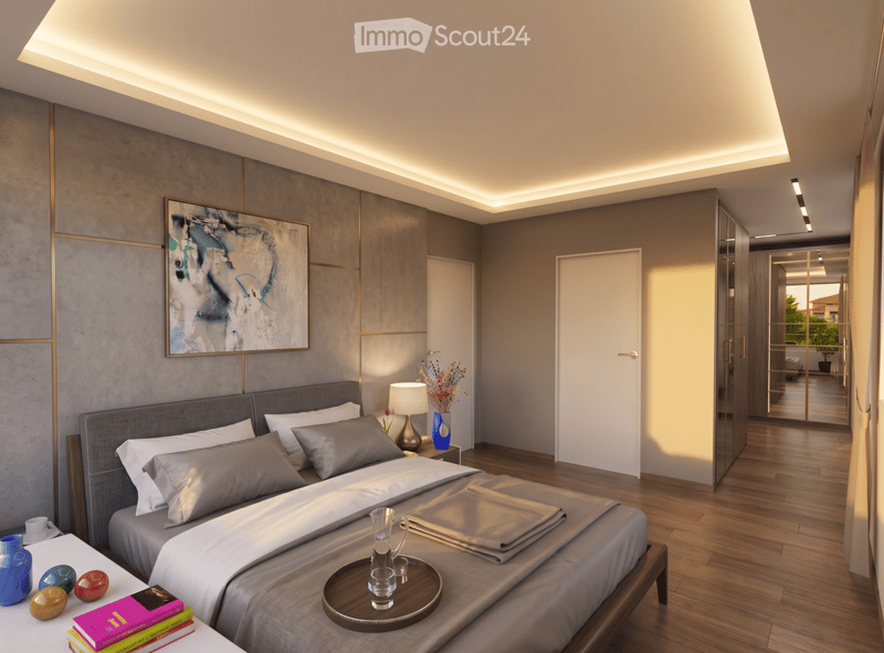 Modern bedroom with a large bed, nightstand, table lamp, decorative vase, books, and a small round table with a glass pitcher and cup. The room features sleek, contemporary design with wooden flooring and a large abstract painting on the wall.