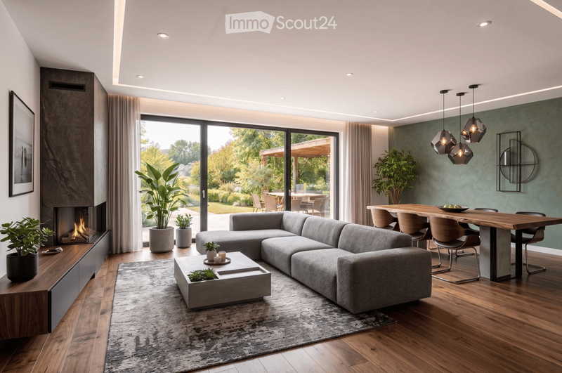 Modern living room with a grey sectional sofa, coffee table, dining area, fireplace, large windows with a view of the garden, and decorative plants.