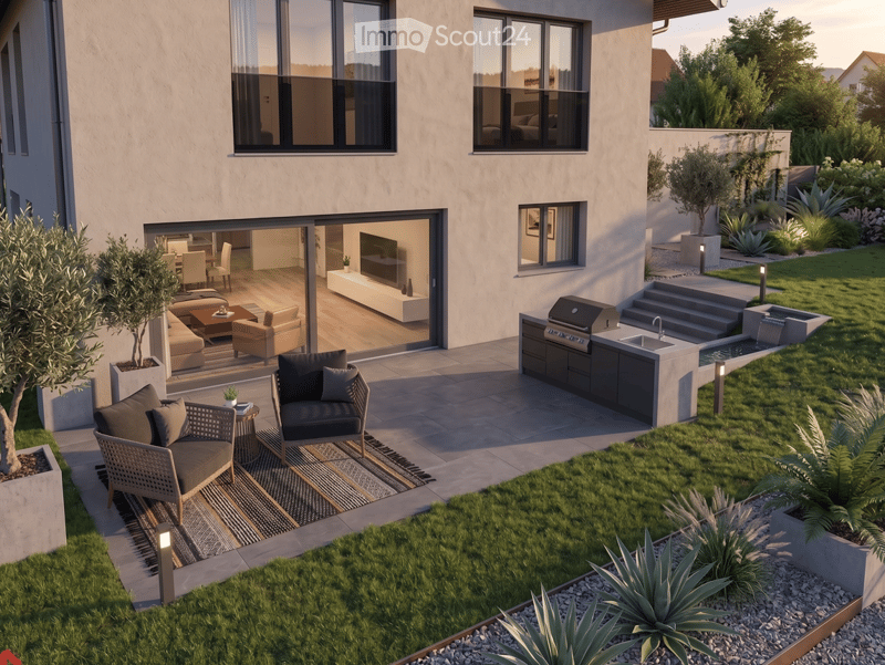 Modern outdoor area with a patio, seating area, grill, and well-maintained garden with various plants and trees.