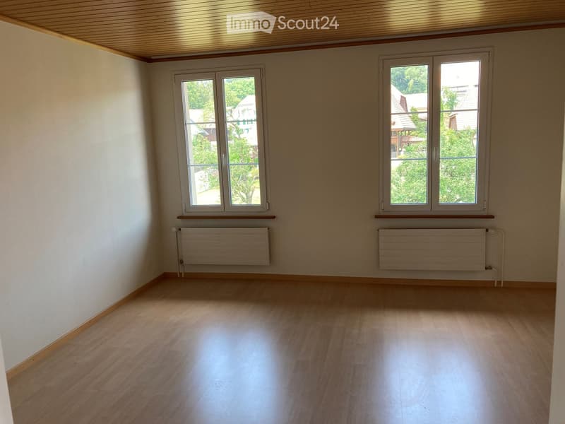 Empty room with wooden flooring, white walls, two windows, and radiators.