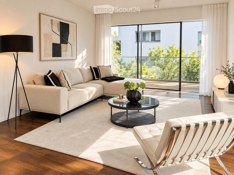 Modern living room with a beige sectional sofa, black and beige throw pillows, a glass coffee table with a black vase and books, a white leather chair, and large windows with sheer curtains overlooking a balcony.