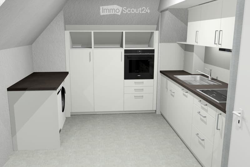 Modern kitchen with white cabinets, dark countertops, built-in oven, sink, and faucet.