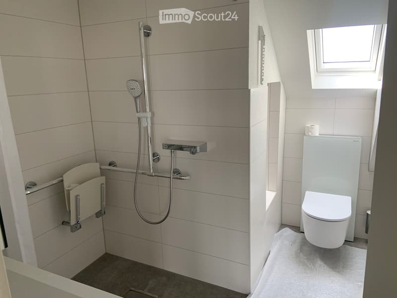 Modern bathroom with a toilet, shower, and handrail. The shower features a handheld showerhead and a fixed showerhead, with a small window above.