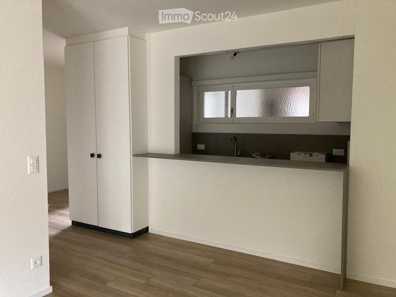 Empty kitchen area with white cabinets, a countertop, and a window. The floor is wooden, and the walls are light-colored.