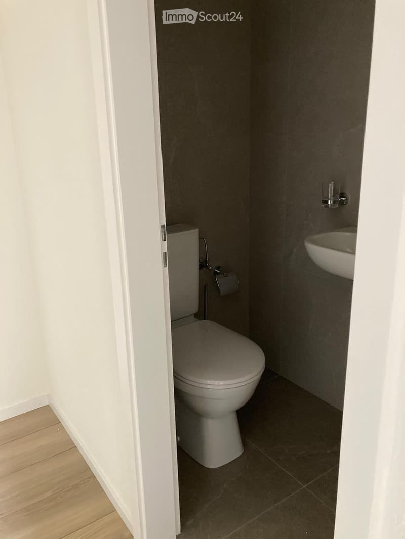 Compact bathroom with a toilet and a sink, dark tiled walls and floor, white door frame visible.