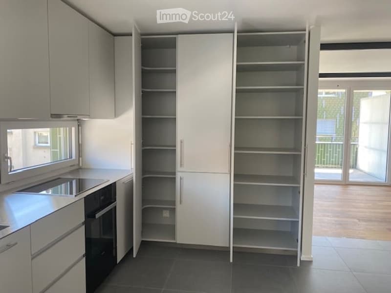 Modern kitchen with white cabinets, a sink, and an oven. The cabinets are open, revealing empty shelves.
