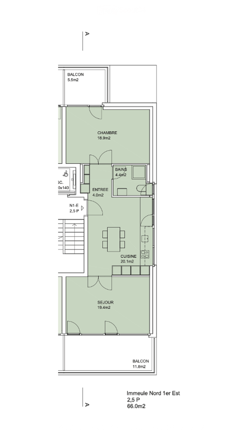 Floor plan of a 66.0m2 apartment with a living room (19.4m2), bedroom (18.9m2), kitchen (20.1m2), bathroom (4.4m2), entrance (4.0m2), and two balconies (5.5m2 and 11.8m2).