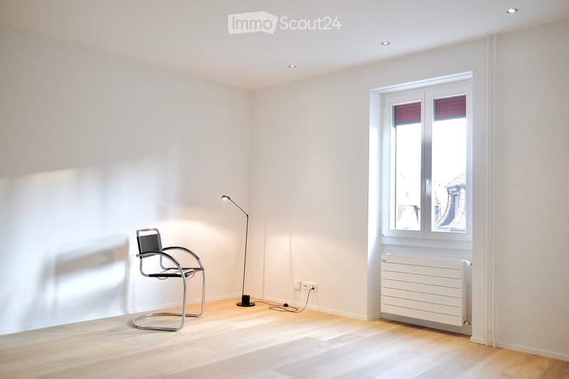 Minimalist room with light wooden flooring, white walls, a single chair, and a floor lamp near a window with red blinds.