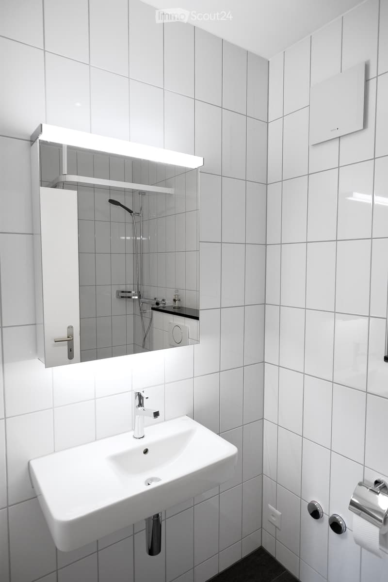 Modern bathroom with white tiles, a white sink with a chrome faucet, a large mirror with built-in lighting, and a toilet paper holder.