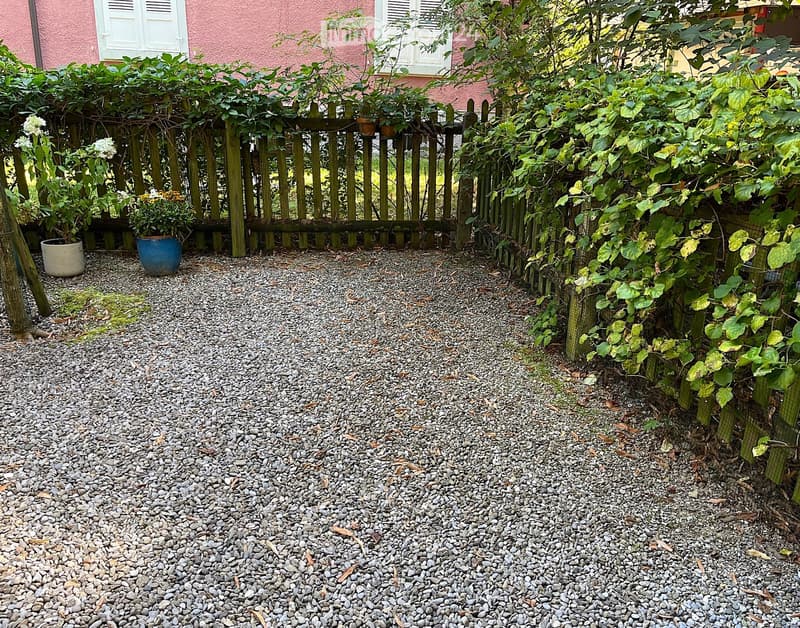 Garden path with gravel, wooden fence, potted plants, and climbing vines.