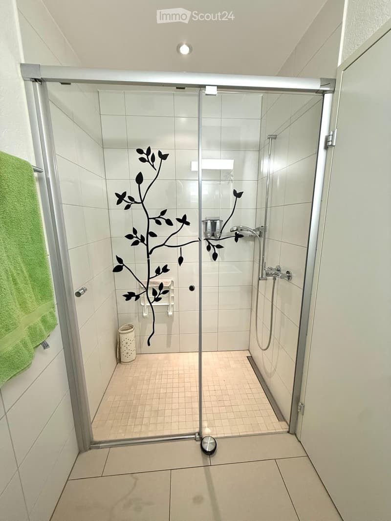 Modern bathroom with a glass-enclosed shower stall, white tiled walls, and a decorative leaf design on the glass. Includes a green towel, a small trash can, and a showerhead with a handheld sprayer.