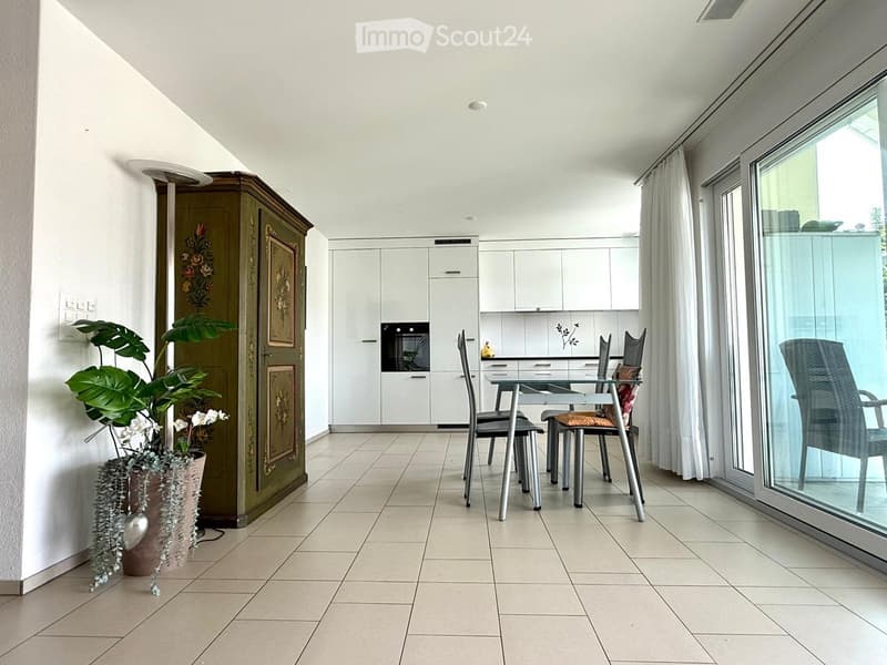 Bright, modern dining area with a glass table, four chairs, white cabinets, and a large potted plant near a balcony with white curtains.