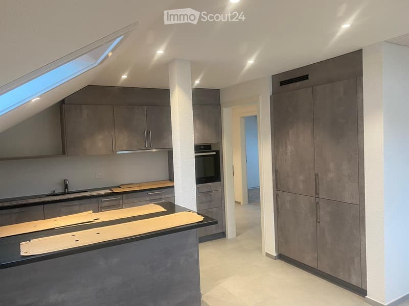 Modern kitchen with grey cabinets, stainless steel appliances, and a central island with a black countertop. Features include recessed lighting, a skylight, and a built-in oven.