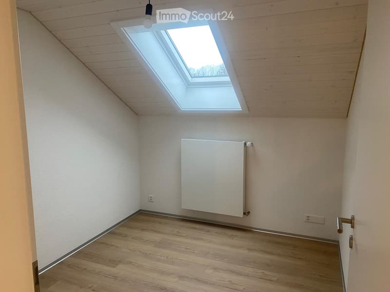 Empty room with wooden flooring, white walls, a skylight window, and a radiator. No furniture or equipment present.