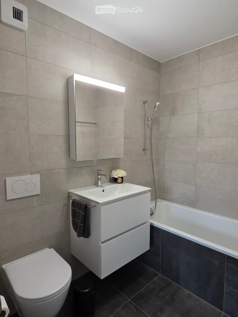 Modern bathroom with a white sink, toilet, bathtub, illuminated mirror, and a small flower vase on the sink counter.