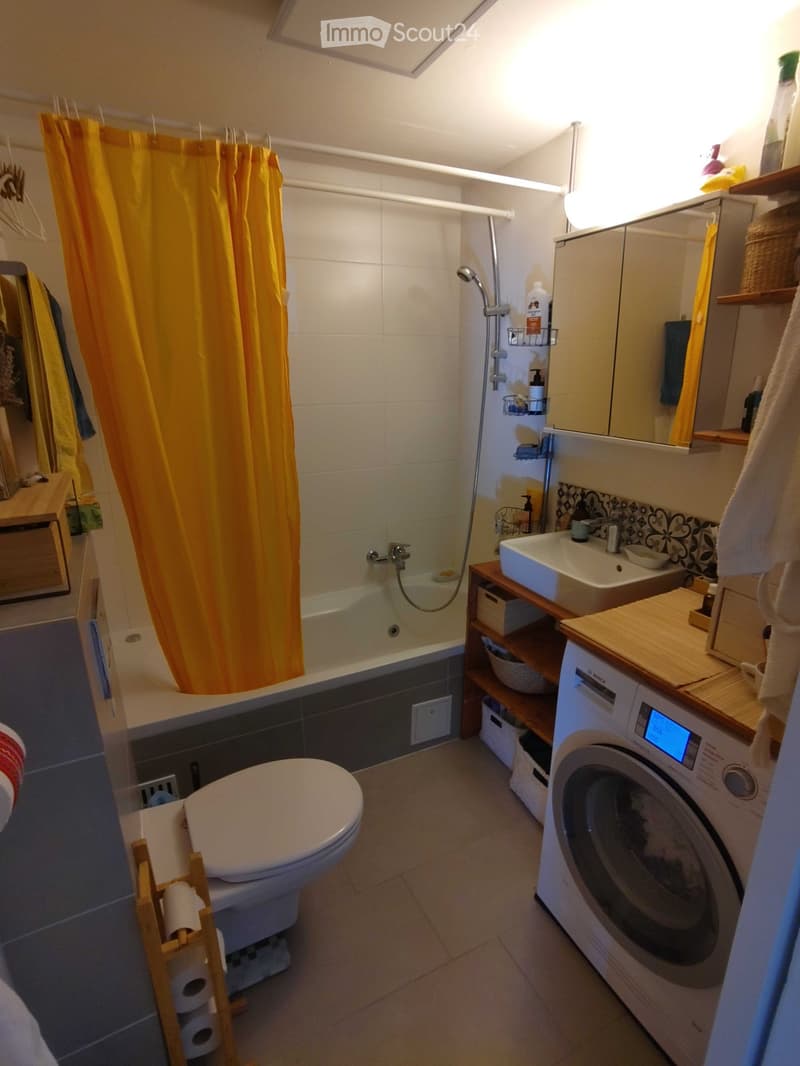 Compact bathroom with a toilet, sink, mirror, shower, and washing machine. Features a wooden shelf unit next to the sink and a wooden toilet paper holder.