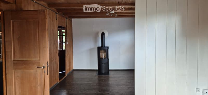 Minimalist hallway with wooden doors, white walls, dark wooden floor, and a modern black wood-burning stove as a focal point.